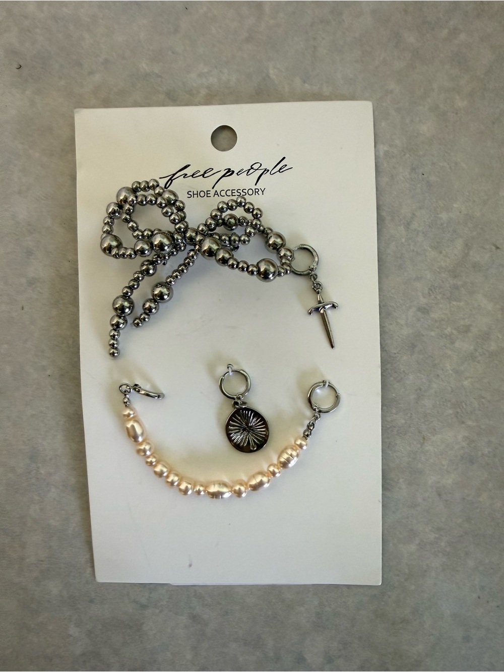 Free People Silver Bow Pearl Shoe Charm Set Dagger Clip NWT